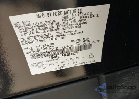 2016 Ford Taurus Sel из США, поврежденный, VIN 1FAHP2H84GG116250